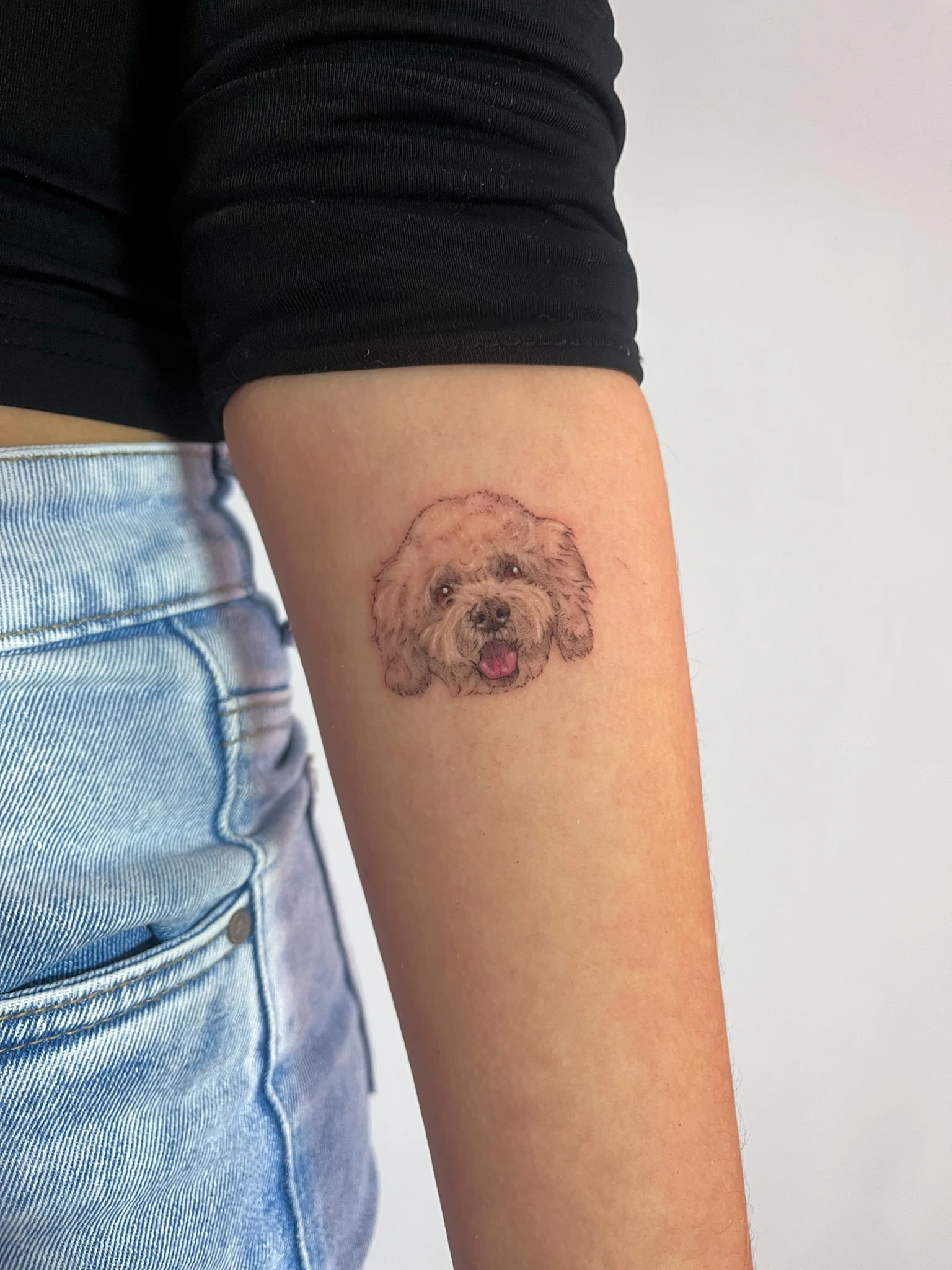Tatuaje realista de dos perros trabajado con detalle, volumen y expresión.